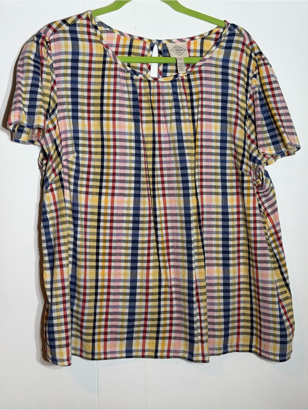 St. John's Bay Plaid Short-Sleeve Blouse in Yellow, Navy and Pink